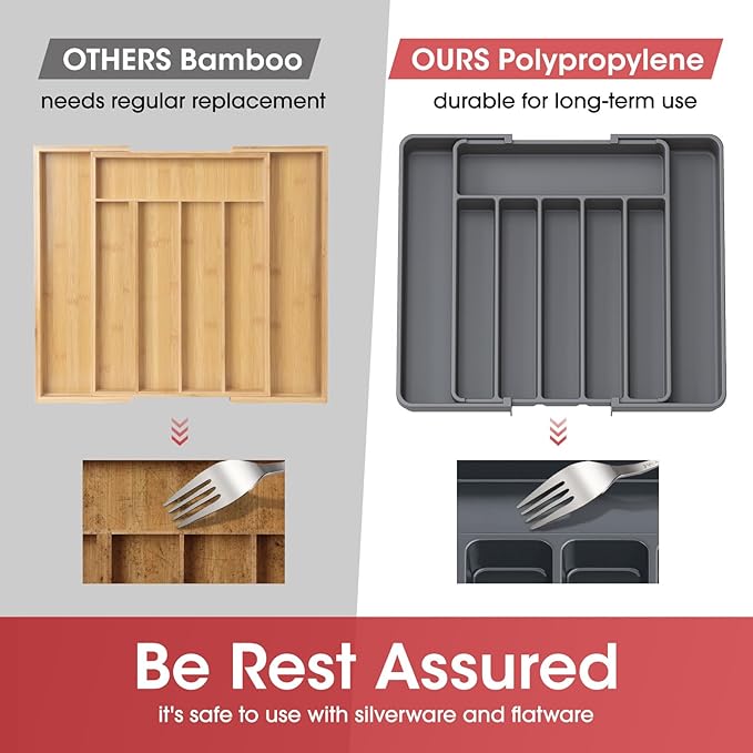 Aujen Silverware Organizer - Expandable Kitchen Drawer Organizer, Adjustable Utensil Organizer, Cutlery Tray for Forks, Knives, Multipurpose Kitchen Organizers and Storage Solution, Grey, Large