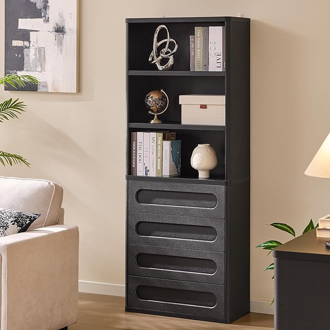 Bookcase with 4 Drawers, 72.1" Tall Bookshelf with 3 Storage Shelves, Large Bookshelves Cabinet for Living Room, Bedroom, Home Office (Black)