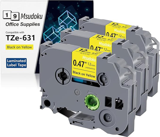 Tze Tz Tape 12mm 0.47 Laminated Yellow Compatible for Brother P Touch Label Maker Tape TZe-631 TZe631 Label Tape for PT D200 D210 D220 D400 Cube, Black on Yellow, 1/2 Inch x 26.2 Feet, 3-Pack