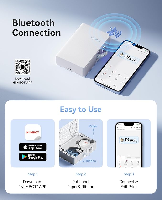 NIIMBOT N1 Label Maker with Tape, Portable Bluetooth Label Printer Support Color Printing, Mini Sticker Labeler Rechargeable for Home Office Small Business Outdoor Storage, White