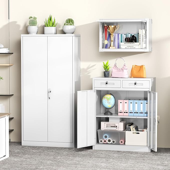 Greenvelly Metal Storage Cabinet, 42' White Steel Garage Cabinet with 2 Doors, Adjustable Shelves, Locking for Office, School or Tool Organization