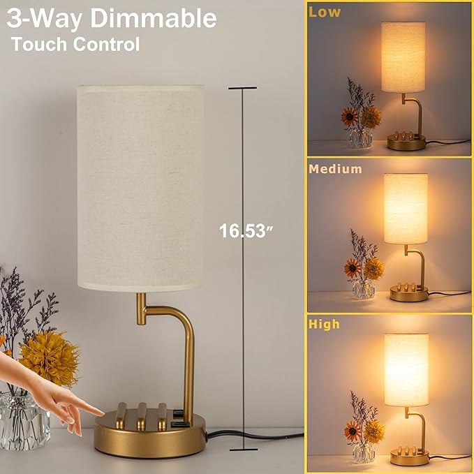 Dreamholder Touch Control USB Table Lamp, Upgraded 3-Way Dimmable Bedside Desk Lamp with USB C & A Charging Ports and AC Outlet, Nightstand Lamp for Bedroom, Dimmable Bulb Included, Gold