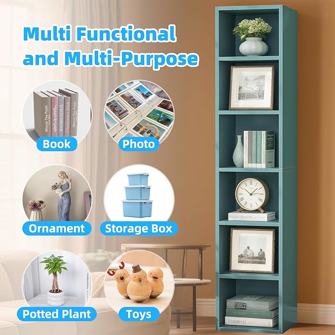 70.9" Wooden Bookshelf, 6-Tier Bookshelf with Open Storage, Corner Bookcase, Display Shelf for Bedroom and Living Room Offices, Blue