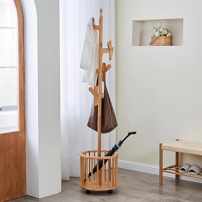 Uniclinens Solid Wood Coat Rack Freestanding with Umbrella Holder, Tree Coat Rack Stand with Lockable Universal Casters & 12 Hooks for Entryway Bedroom, Natural