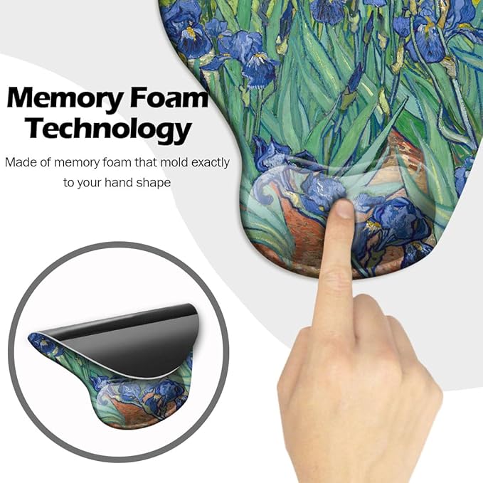 DOOKE Ergonomic Mouse Pad with Wrist Support and Coaster,Mouse Pads with Non-Slip PU Base for Home Office Working Studying Easy Typing & Pain Relief Van Gogh Irises