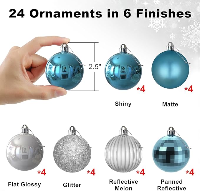 Baby Blue & Silver 2.5" Christmas Balls Christmas Tree Decoration Ornaments Shatterproof Hanging Balls for Birthday Halloween Holiday Wedding Decorations Set of 24pcs