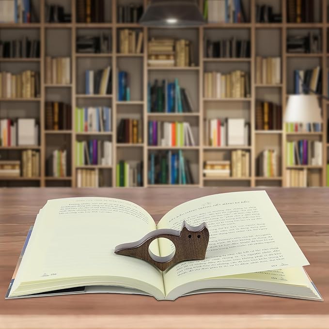 Cat Book Page Holder, Smooth Finish Walnut Wood Book Holder for Reading, Ideal Book Reader Gifts & Reading Accessories,Book Worm Gifts for Women, Thumb Book Page Holder - Book Lovers & Literary Gifts