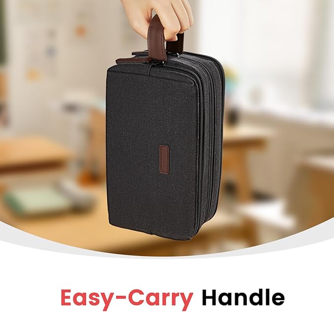 Sooez Large Pencil Case Pouch, Extra Big Pencil Pouch Pencil Bag with PU Handle & Zipper, Sturdy Pen Case with 3 Compartments, Aesthetic School College Supplies Organizer for Men Women Boys, Blue