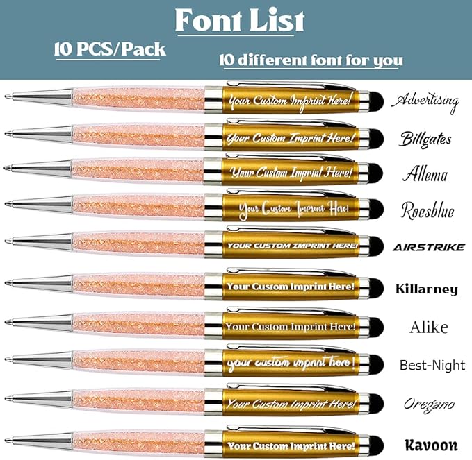 Ancolo Personalized Nice Office Pens with Stylish Crystal- Fancy Writing pens - Engraved with Your Name Message, Metal Body Black ink Gift for Office, Friends - 10 Pens/Box (Gold)