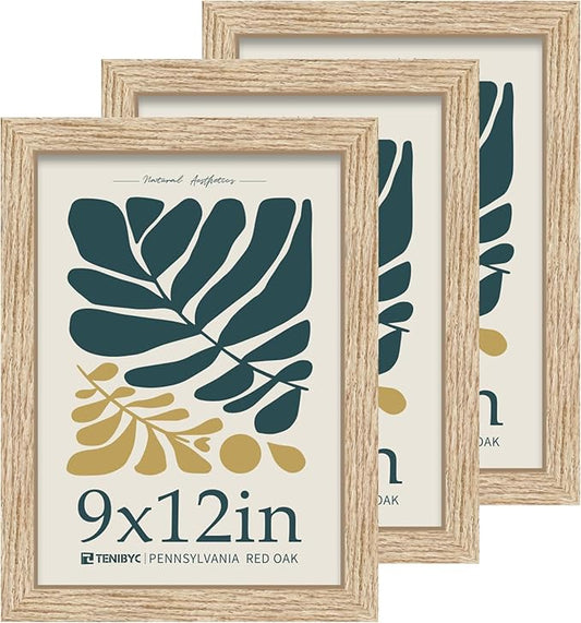 9x12 Picture Frame 3 Pack - Oak, HD Glass, 9 x 12 Natural Wood Frame for Photos, Wall Gallery Frame