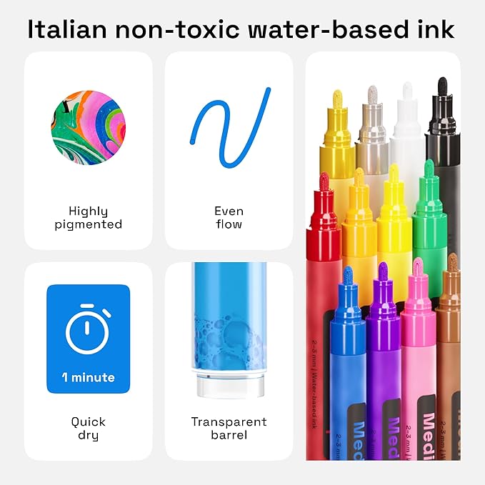 ARTISTRO 12 Fabric Paint Markers Medium Tip - Easy for All Ages & Levels - Acrylic Paint Pens for Fabric, Rocks, Paper, Wood, Canvas, Glass, DIY