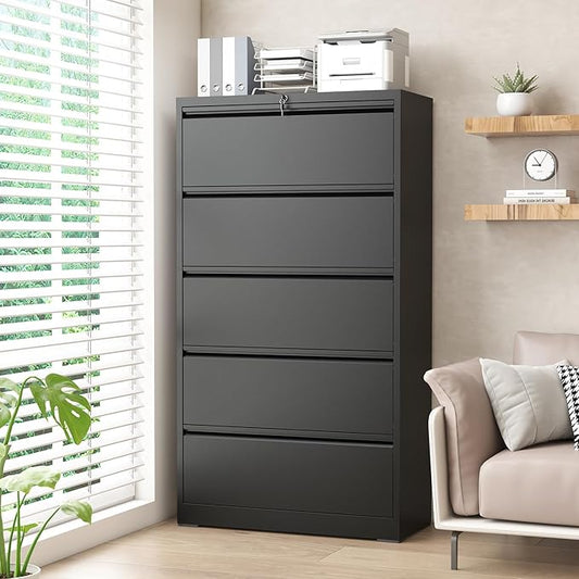 Lateral File Cabinet 5 Drawer, Metal File Cabinets for Home Office Legal/Letter A4 Size, Filing Cabinet with 5 Lock, Require Assembly, Black