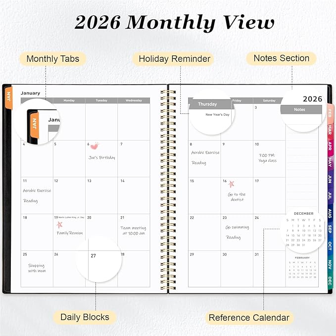 Oucaru 2026 Planner, Weekly and Monthly Planning Calendar, Jan 2026 - Dec 2026, 8.5" x 11", Spiral Bound, 12 Habit Trackers & Monthly Tabs, 2 Storage Pockets, Perfect for Office Home School Supplies