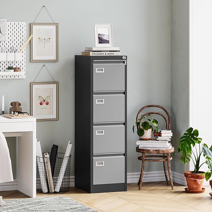 MIIIKO 4 Drawer File Cabinet, Metal Vertical Filing Cabinets with Lock, Home Office File Folders Storage Cabinet for Letter Legal A4 File Size