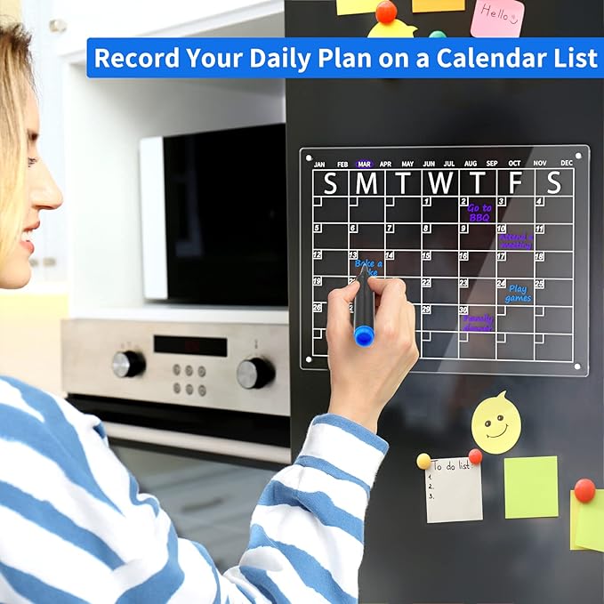 AITEE Acrylic Magnetic Dry Erase Board Calendar for Fridge, 16"x12" Inches Clear Dry Erase Calendar for Refrigerator Includes 6 Markers with 3 Colors