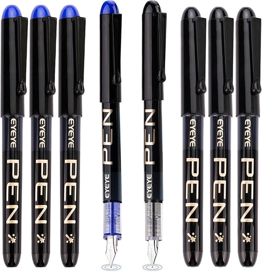 EYEYE Disposable Fountain Pens Fine Point, 4 Black 4 Blue Fountain Pens or Writing, Stainless Steel Nib, Smooth Writing for Journaling, Drafting, Sketching, Doodling & Office Supplies