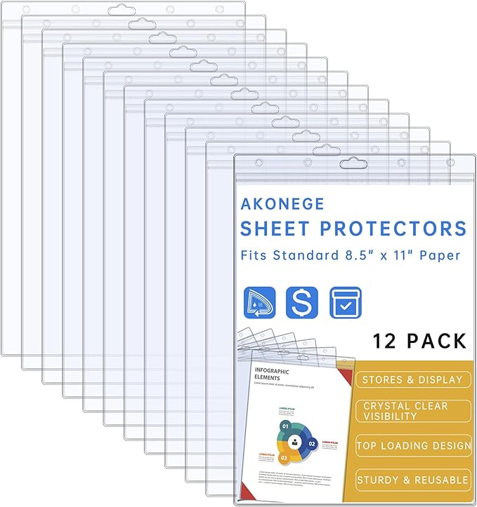 12PCS Hard Sheet Protectors 8.5 x 11 Waterproof Resealable Zip Paper Page Protectors Clear Rigid Plastic Sleeves for Photos Certificate, Heavy Duty Document Holder Wall Sign Holder, Vertical