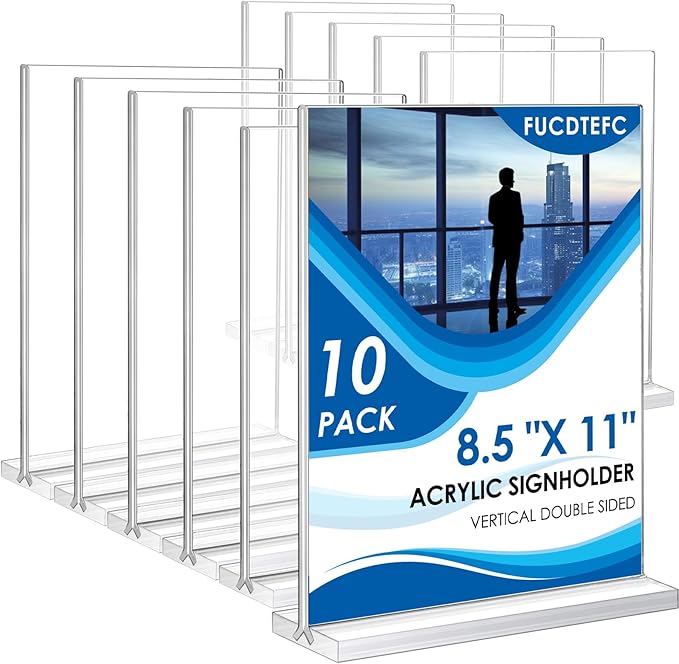 8.5x11 Acrylic Sign Holder 10 Pack, Vertical Double-Sided Display Stand, Clear Sign Holder Plastic Paper Flyer Holder Sign Holders 8.5x11 inches for Restaurants, Office, Store