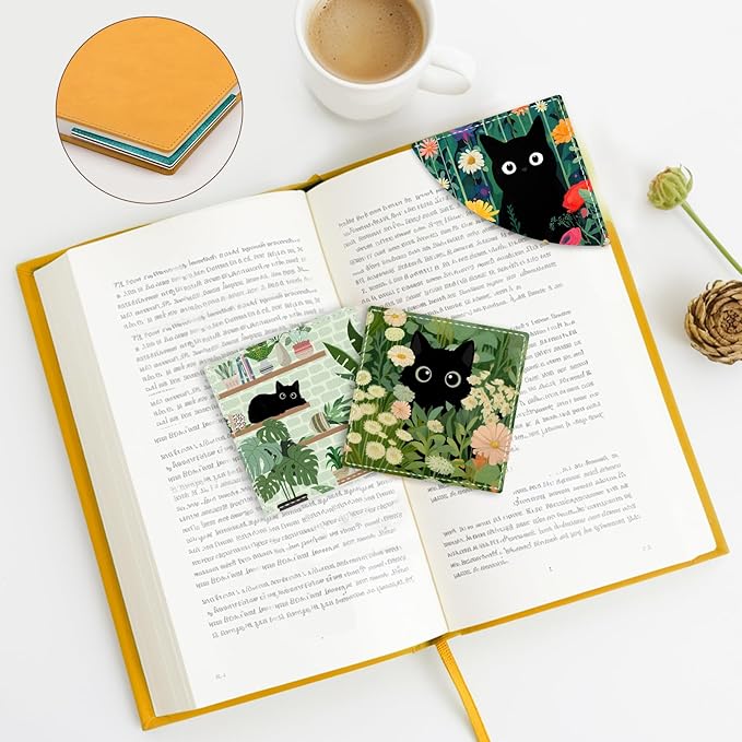 Cute Black Cat Floral Corner Bookmarks, Funny Leather Book Accessories for Book Lovers, 3 Pcs Reading Book Page Markers for Women Men Student Teacher Girls Boys Retirement Birthday Gifts