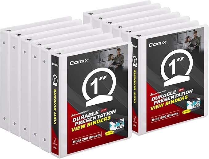 Comix Sturdy 1 Inch Round Ring View Binder, Standard 1" 3 Ring Binder for 200 Sheets of US Letter Size Paper, Pack of 12 (White)