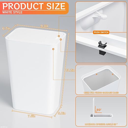 Yieach 12L White Slim Bathroom Trash Can with Lid,3.17 Gallon Pet/Dog Proof Kitchen Trash Can,Rectangle Thin Garbage Can,Covered Waste Basket,Narrow Small Plastic Trashcan for Room,Bedroom,Office,2PCS