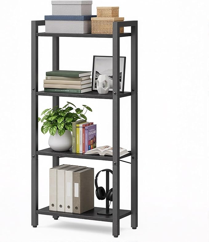 VASAGLE 4-Tier Bookshelf, Bookcase with Steel Frame, Book Shelf for Living Room, Home Office, Study, 9.4 x 15.7 x 42 Inches, Industrial Style, Ebony Black and Ink Black ULLS099B56