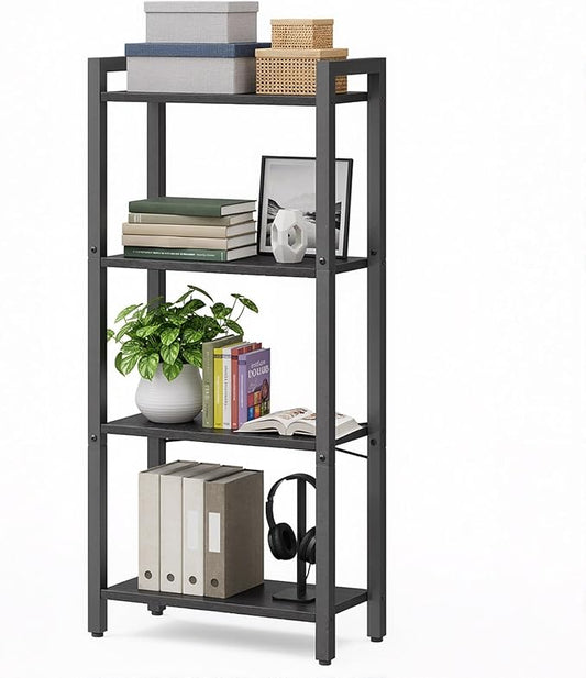VASAGLE 4-Tier Bookshelf, Bookcase with Steel Frame, Book Shelf for Living Room, Home Office, Study, 9.4 x 15.7 x 42 Inches, Industrial Style, Ebony Black and Ink Black ULLS099B56