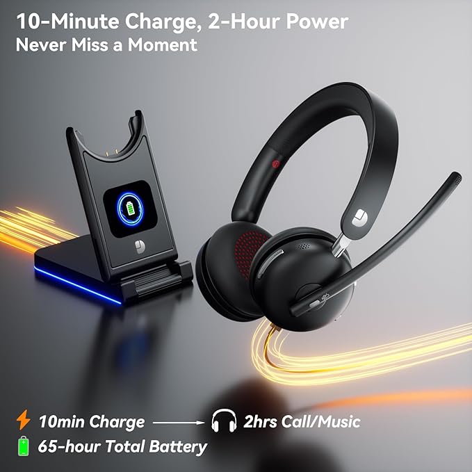 Wireless Headset with Mic for Work-Bluetooth 5.3 Headset with Noise Cancelling, Wireless Headsets with 65Hrs Battery & 10Min Fast Charge, Smart Dock with Digital Display for PC/Computer/Teams