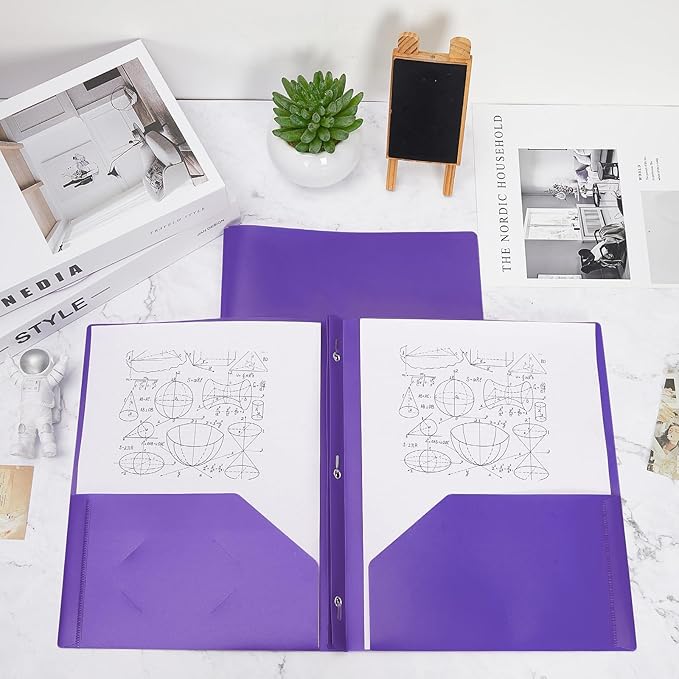 Yeaqee 60 Pcs Plastic Folders with Pockets and Prong Plastic Folders with 2 Pockets Pocket for Office, School for Students, Teachers, Office Workers (Purple)