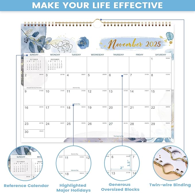 Wall Calendar 2025-2026 – Calendar 2025-2026, 11.5 x 15 In, July 2025 - December 2026, 18 Monthly Calendar, Large Block with Julian Dates, Thick Paper, Holidays, Hanging Hook, Twin-wire Binding