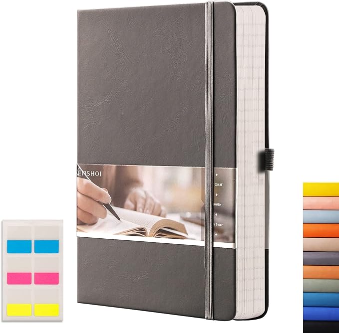 EMSHOI Graph Paper Notebook 256-Page A5 Grid Journal, PU Leather Hardcover 120gsm Thick, Bleed-Resistant Paper, Portable 5.75” x 8.38” Size for Work, Math, Engineering– Dark Grey