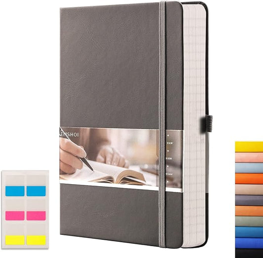 EMSHOI Graph Paper Notebook 256-Page A5 Grid Journal, PU Leather Hardcover 120gsm Thick, Bleed-Resistant Paper, Portable 5.75” x 8.38” Size for Work, Math, Engineering– Dark Grey