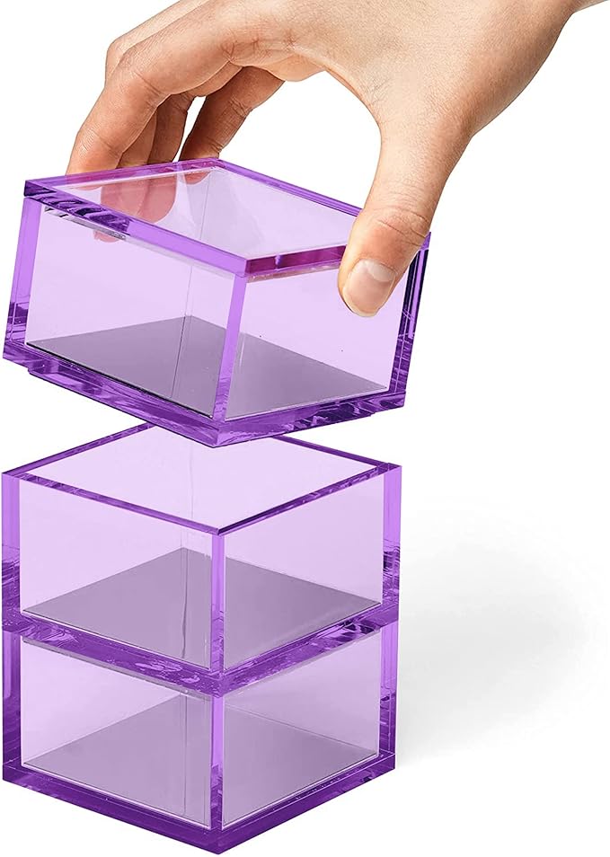 OfficeGoods 3-Tier Stackable Acrylic Holder- Stylish Desk Organizer and Storage for Office or Home – Transparent Square Design, Purple with Silver Metal Base