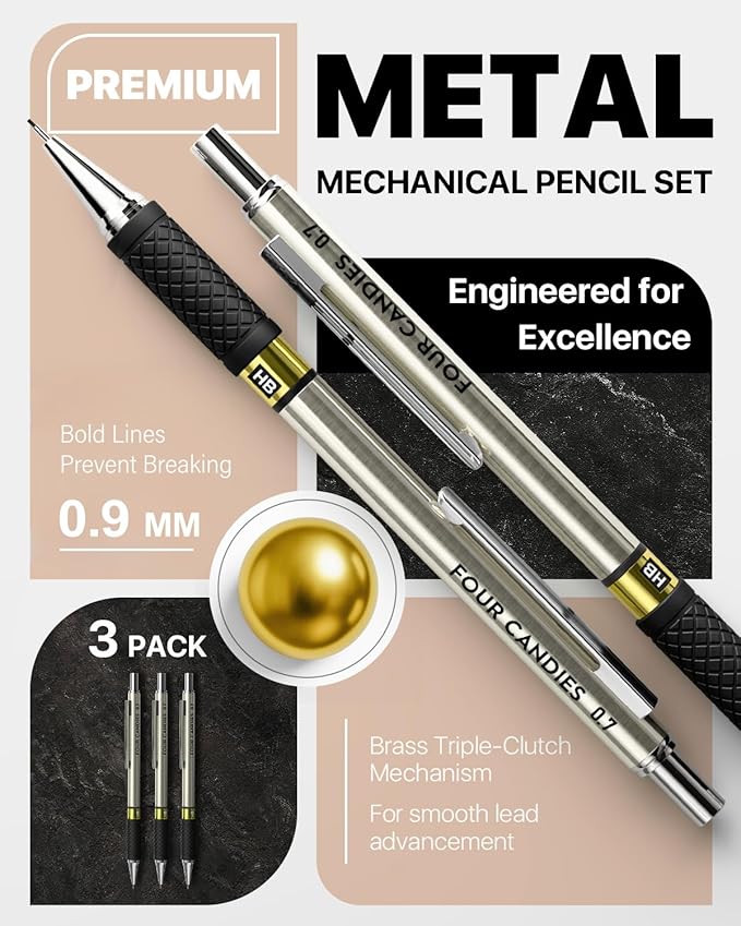 Four Candies Metal Mechanical Pencil Set - 3PCS 0.9mm Art Mechanical Pencils & 360PCS HB Lead Refills & 3PCS Erasers & 9PCS Eraser Refills, Drawing Mechanical Pencils for Writing, Sketching/With Case