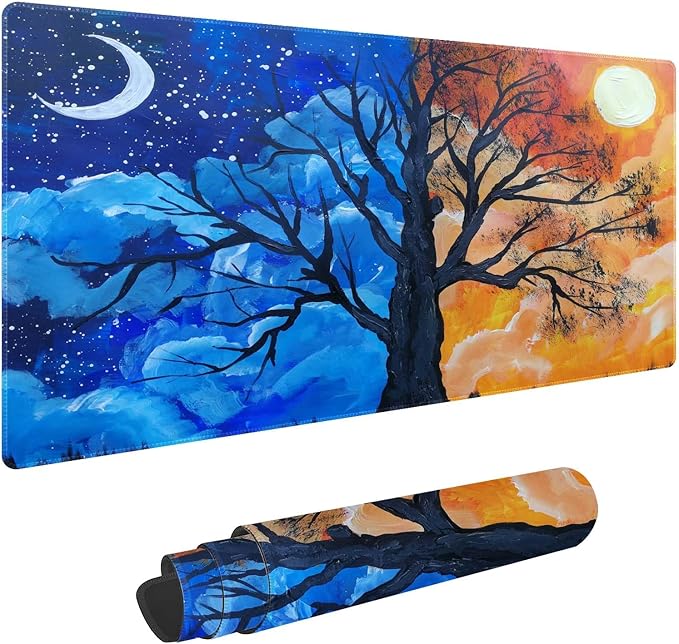 Hand Painted Landscape Trees Customized Large Extended Gaming Mouse Pad with Stitched Edges and Non-Slip Rubber Base,Suitable for Office and Home Use,31.5x15.7 Inches