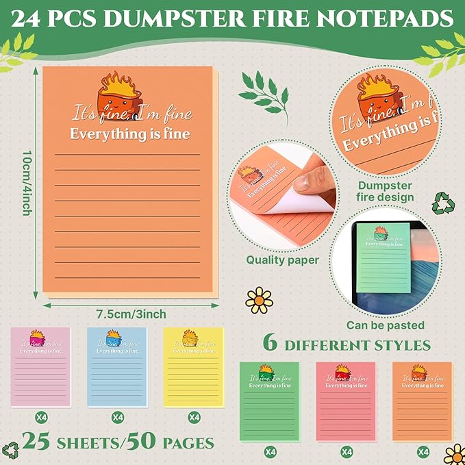 48 Pcs Dumpster Fire Sticky Notes and Pens Set, 24 Dumpster Memo Pads 24 Emotional Support Pens Employee Appreciation Gifts Supplies for Students Team Office Coworker Staff Employee Teachers