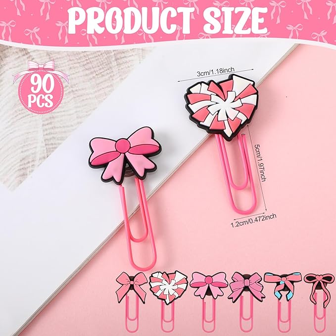 90 Pcs Pink Bow Paper Clips Cute Decorative Bookmark Clips Large Paperclips Preppy Bookmarks Planner Clip for Office Home Supplies Gifts Wedding Decoration Desk Accessories Stationery