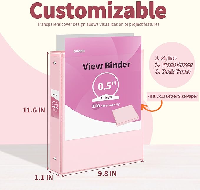 SUNEE 1/2 Inch Binders 3 Ring 4 Pack, Clear View 0.5" Binder Three Ring PVC-Free (Fit 8.5x11 Inches) for School or Office Supplies, Assorted Pastel