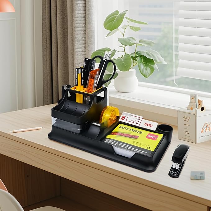 deli Black Office Supplies for Desk, 17Pcs Desk Organizers and Accessories with 4 Pens,Tape Dispenser,Stapler,Staples,Staple Remover,Pen Holder,Scissor,Ruler,Eraser,Note Pad,Cutter,Clips Set