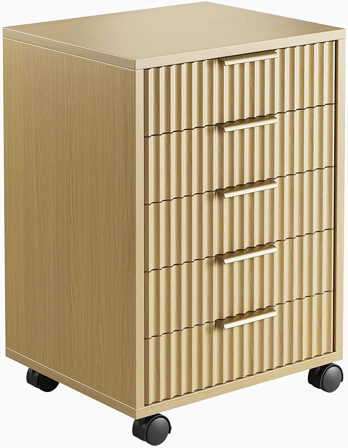 5 Drawer Chest, Under Desk Storage Wood Drawers with Wheels,Fluted File Cabinet for Home Office, Light Walnut