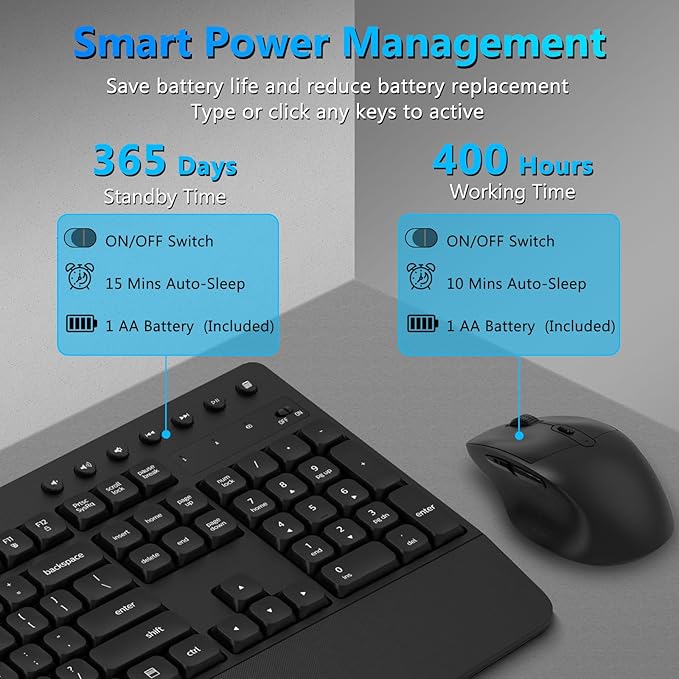 Wireless Keyboard and Mouse Combo, Full-Sized Ergonomic Keyboard with Wrist Rest, Phone Holder, Sleep Mode, Silent 2.4GHz Cordless Keyboard Mouse Combo for Computer, Laptop, PC, Mac, Windows