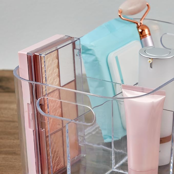 STORi Bliss 5-Compartment Plastic Cosmetics Storage Organizer, Set of 2 | Clear | Rectangular Divided Makeup Bin & Vanity Caddy with Pass-Through Handles | Round Corner Design | Made in USA