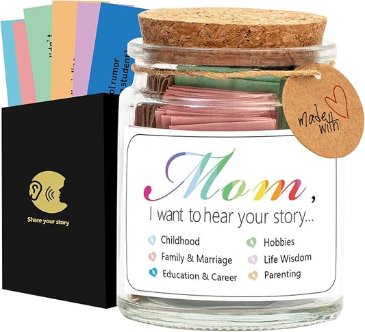 Mom, I Want to Hear Your Story Jar with 90 PCS Cards, Mothers Day Birthday Gifts From Daughter Son, Christmas Mother in Law New Mom Gifts Conversation Cards for Family