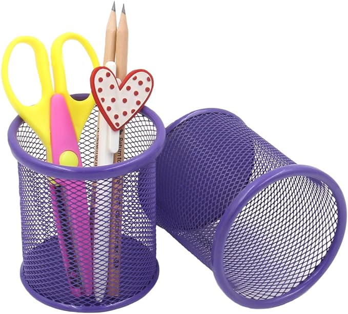 EasyPAG Round Mesh Pencil Holder 2 Pack Pen Holders Desk Pen Cups Organizer for Home, School Office, Purple