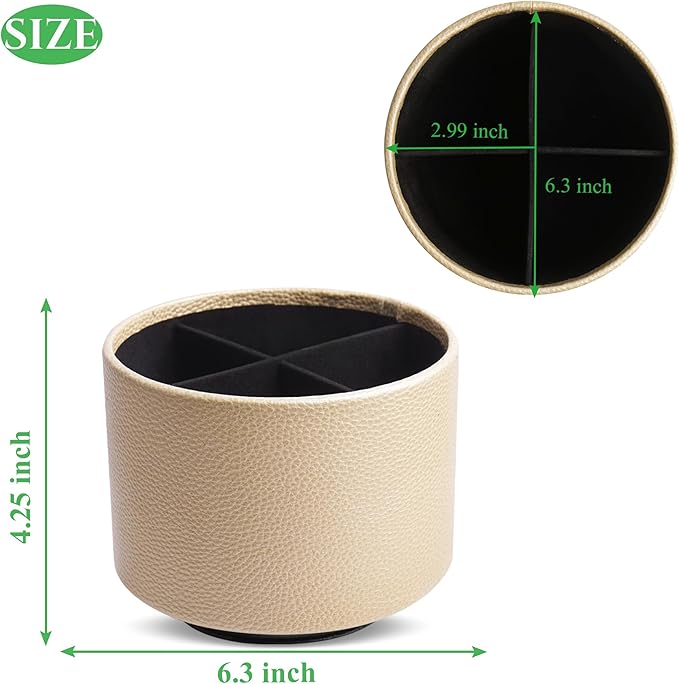 Hennaja Round Leather Art Supply Organizer,Remote Control Holder,360 Degree Spinning,Multi-Functional Pencil Holder,4 Compartments Desktop Stationary Organizer(1-Lichee Gold)