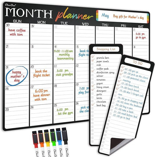 Magnetic Dry Erase Monthly Calendar - 17"x12" Monthly Calendar for Fridge - 4"x12" List Board 2 Pcs - 6 Extra Fine Point Markers Included - Shipped Flat