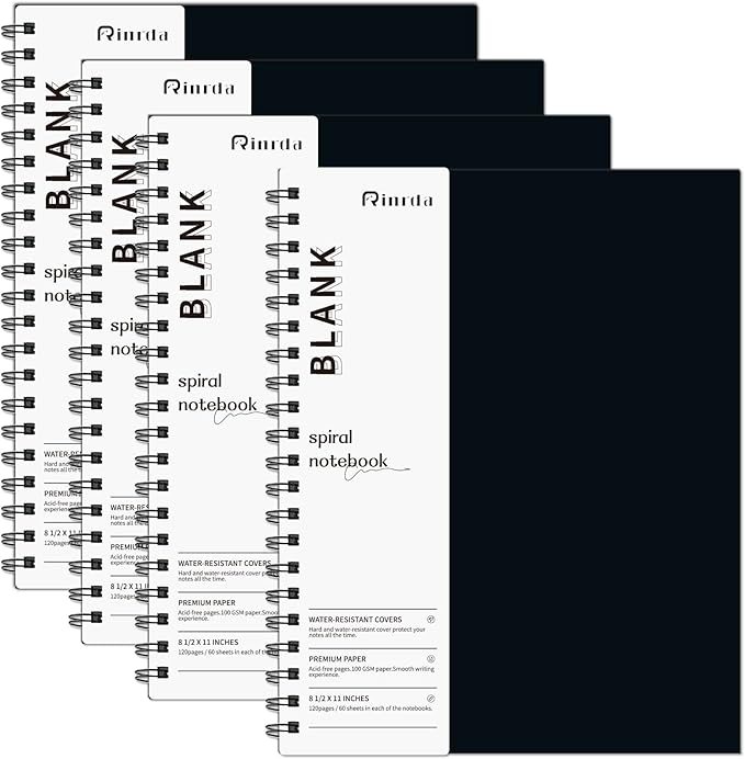 Blank Spiral Notebook 8.5" x 11"-4 Pack unlined spiral notebook Blank Journal A4 Unlined Journals for drawing