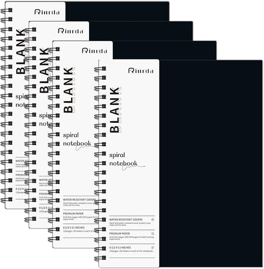 Blank Spiral Notebook 8.5" x 11"-4 Pack unlined spiral notebook Blank Journal A4 Unlined Journals for drawing