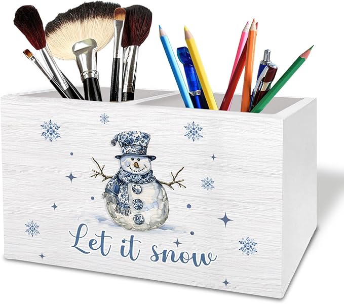 Chinoiserie Christmas Snowman Pen Holder for Desk, Winter Snowman Wooden Box Sign Desk Decor for Home Office Decoration, Grandmillennial Christmas Pencil Organizer