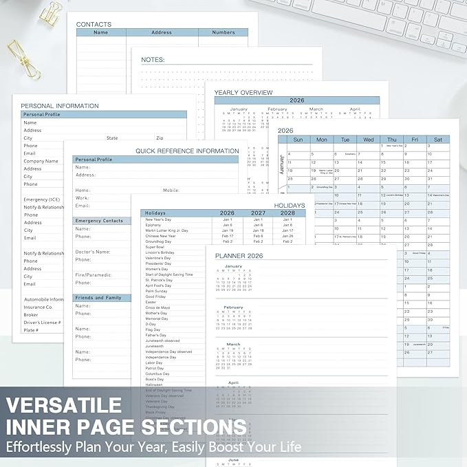 GuassLee Large 2026 Planner, Weekly and Monthly Planner from January 2026-December 2026, 8.5"x 11" Calendar Agenda Book with Back Pocket, Stickers for Home Office School Supply, Navy Blue